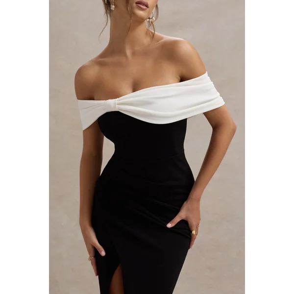 Eva | Robe longue bardot noire et blanche avec nœud et fente