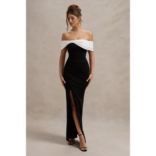 Eva | Robe longue bardot noire et blanche avec nœud et fente