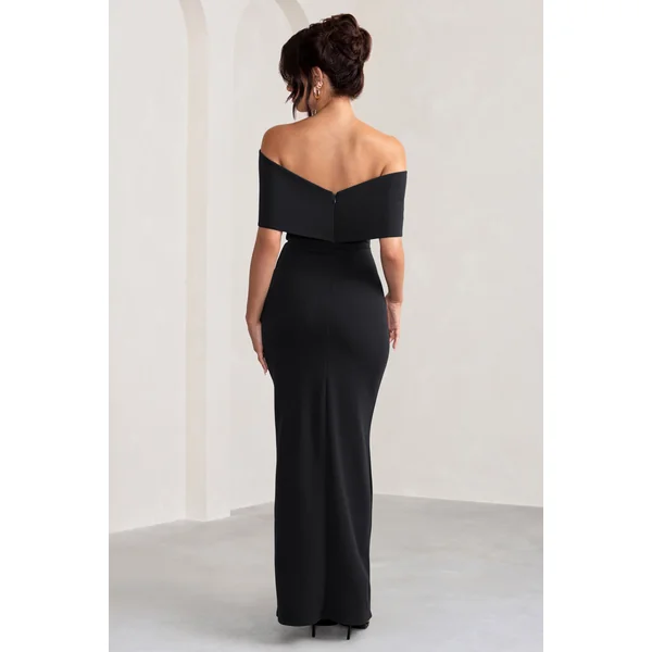 Eva | Robe longue noire bardot avec nœud et fente