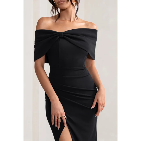 Eva | Robe longue noire bardot avec nœud et fente