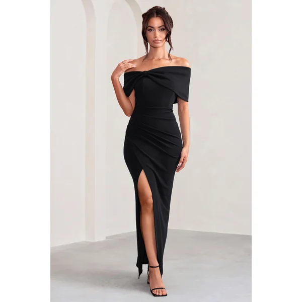 Eva | Robe longue noire bardot avec nœud et fente