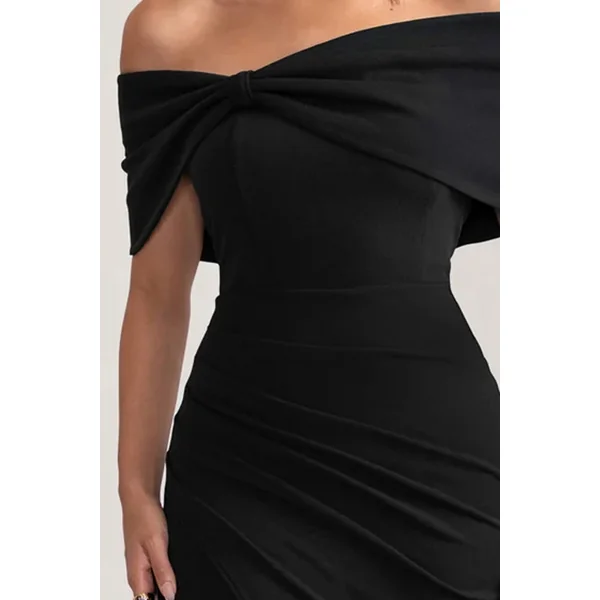 Eva | Robe longue noire bardot avec nœud et fente