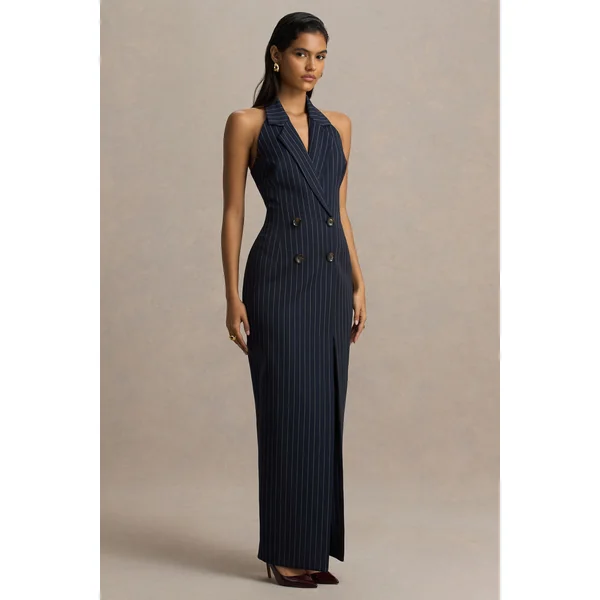 Eve | Robe longue tailleur à fines rayures bleu marine avec décolleté plongeant