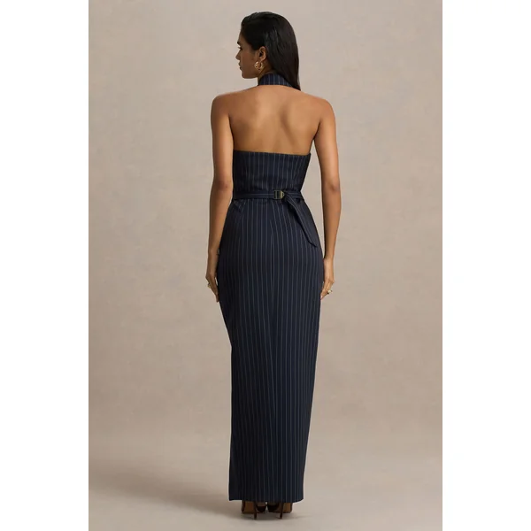 Eve | Robe longue tailleur à fines rayures bleu marine avec décolleté plongeant
