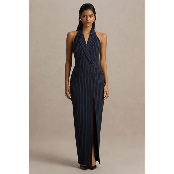 Eve | Robe longue tailleur à fines rayures bleu marine avec décolleté plongeant