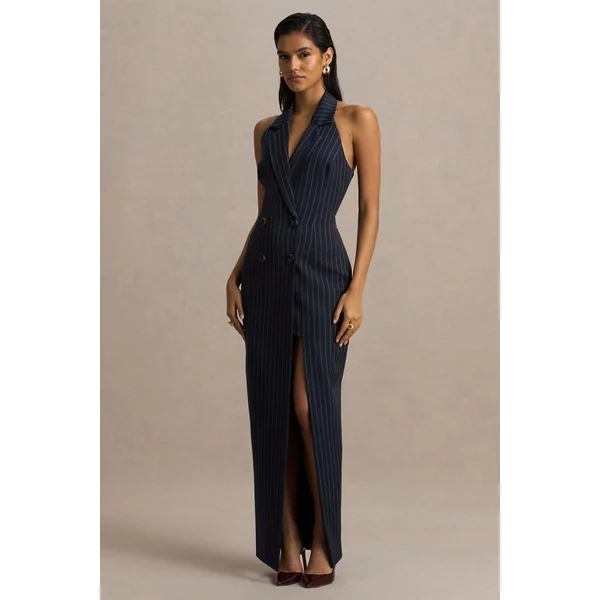 Eve | Robe longue tailleur à fines rayures bleu marine avec décolleté plongeant