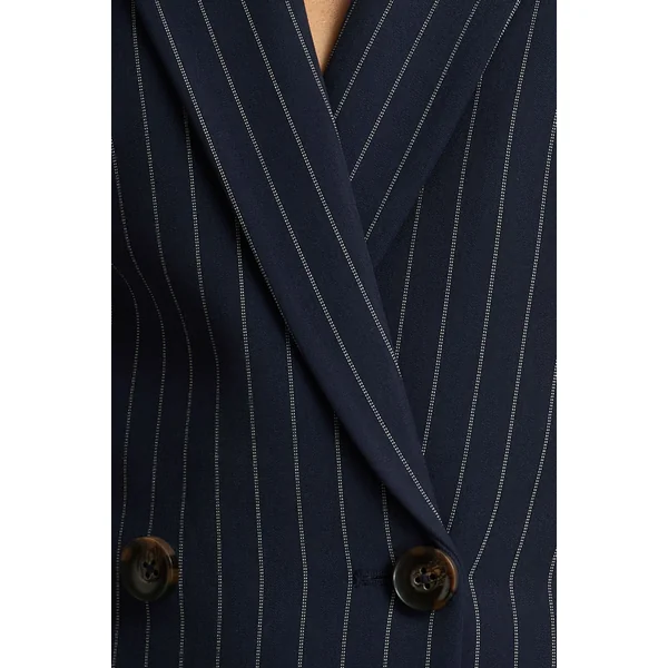 Eve | Robe longue tailleur à fines rayures bleu marine avec décolleté plongeant