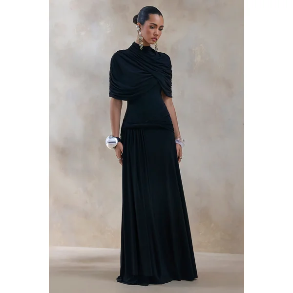 Evelisse | Robe longue noire à col montant avec manches cape courtes