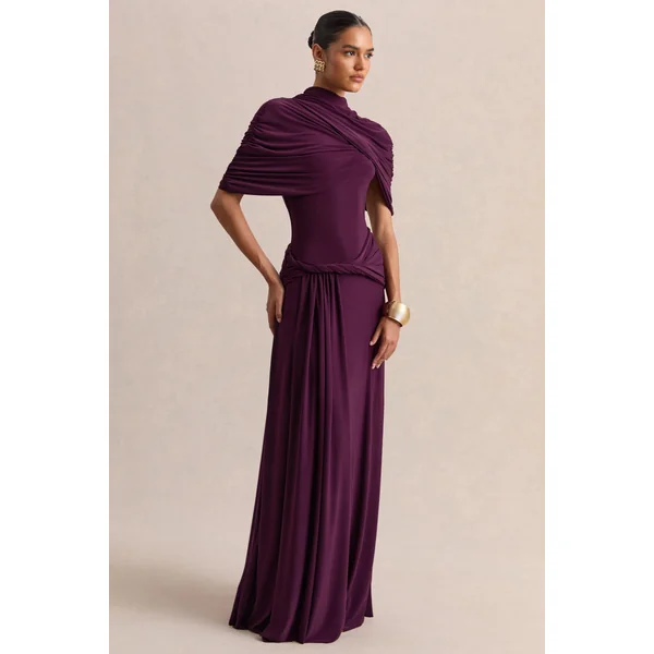 Evelisse | Robe longue prune à encolure haute avec manches cape courtes