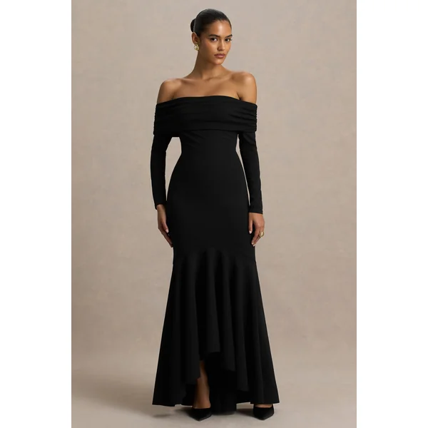 Everlasting | Robe longue noire à encolure bardot avec taille basse