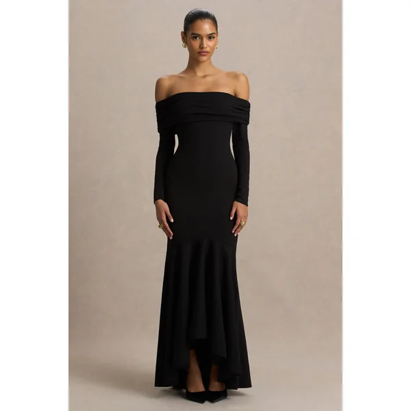 Everlasting | Robe longue noire à encolure bardot avec taille basse