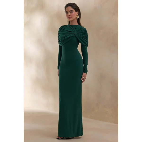 Evessa | Robe longue vert foncé à encolure haute et détails froncés