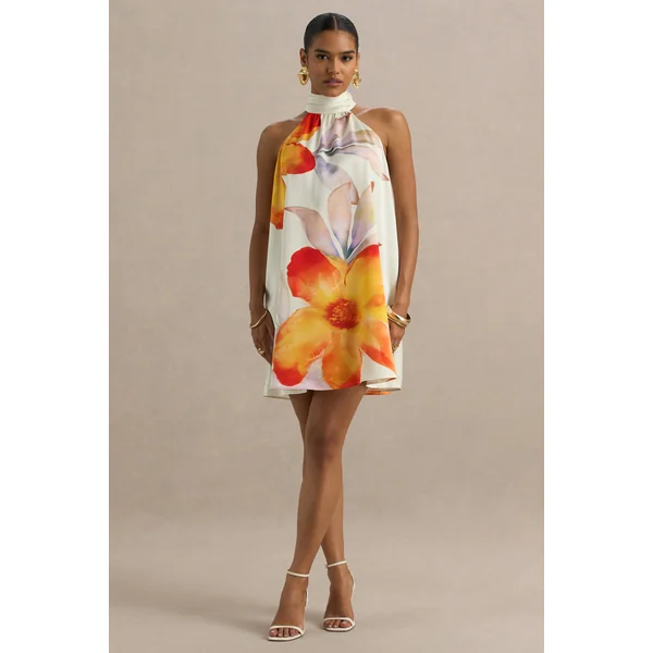 Evita | Mini-robe en satin orange floral à col montant