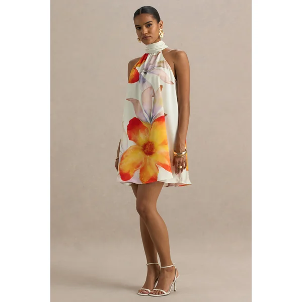 Evita | Mini-robe en satin orange floral à col montant