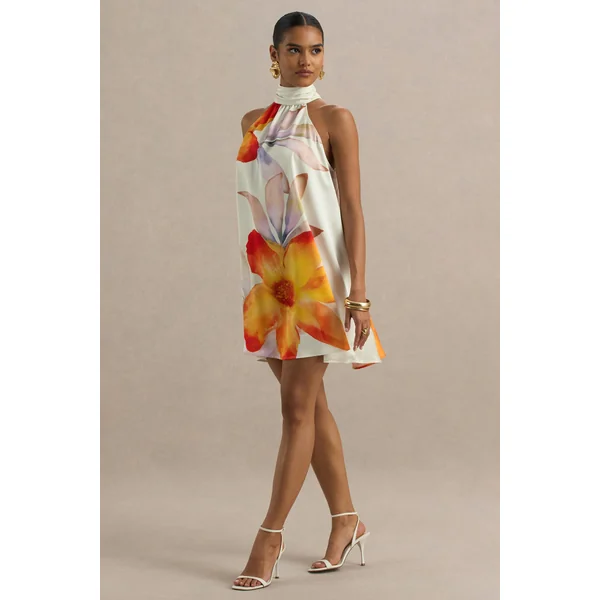 Evita | Mini-robe en satin orange floral à col montant