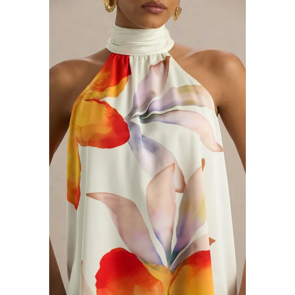 Evita | Mini-robe en satin orange floral à col montant