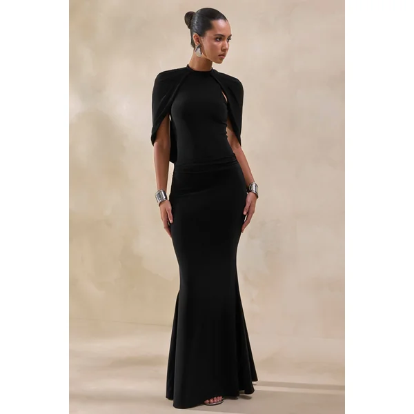 Evonne | Body string noir à encolure ronde et manches cape