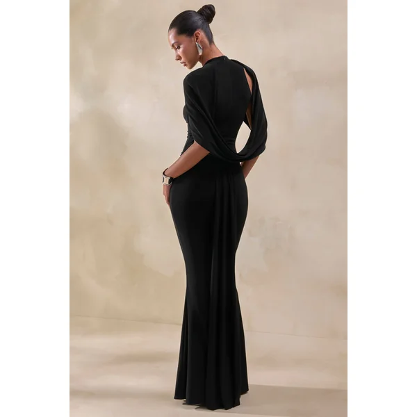 Evonne | Body string noir à encolure ronde et manches cape