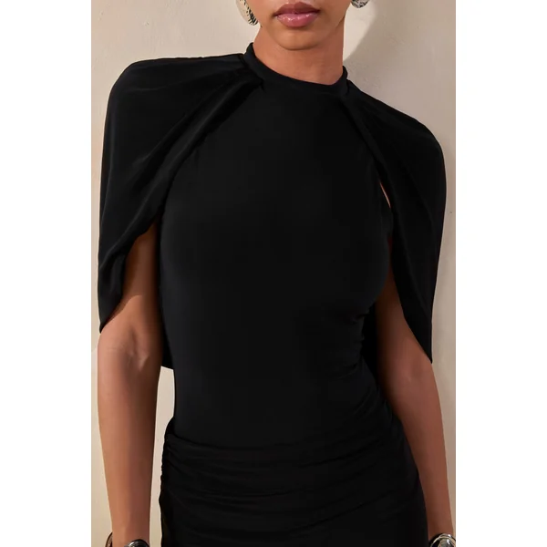 Evonne | Body string noir à encolure ronde et manches cape