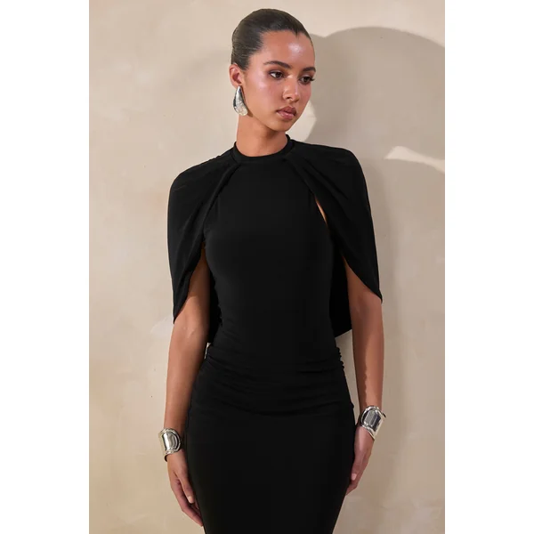 Evonne | Body string noir à encolure ronde et manches cape
