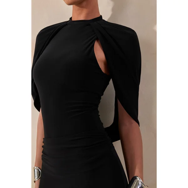Evonne | Body string noir à encolure ronde et manches cape