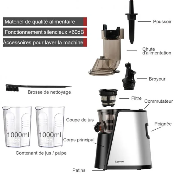 Extracteur de Jus 150w avec Accessoires Centrifugeuse Fruits Légumes en Acier Inoxydable Pc 27x185x52cm Blanc Noir