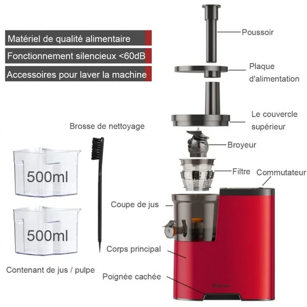 Extracteur de Jus 150w avec Accessoires Centrifugeuse pour Fruits et Légumes en Abs et Pc 27x15x385cm Rouge
