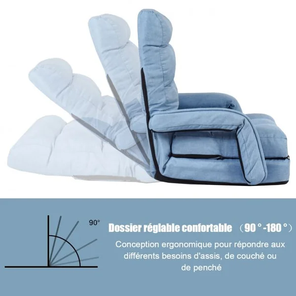 Fauteuil Convertible Chauffeuse Convertible 1 Place avec Oreiller 5 Positions en Tissu Lin Éponge 54x56x70cm Bleu
