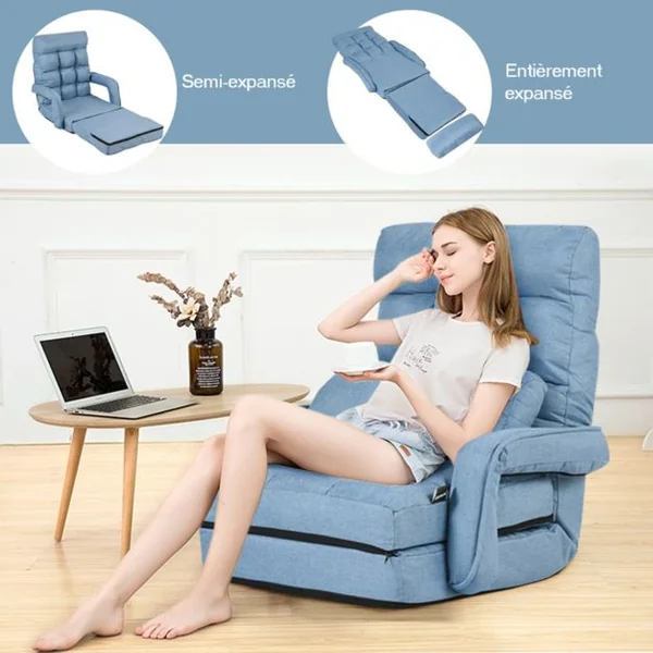Fauteuil Convertible Chauffeuse Convertible 1 Place avec Oreiller 5 Positions en Tissu Lin Éponge 54x56x70cm Bleu