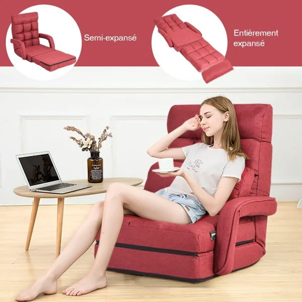 Fauteuil Convertible Chauffeuse Convertible 1 Place avec Oreiller 5 Positions en Tissu Lin Éponge 54x56x70cm Rouge