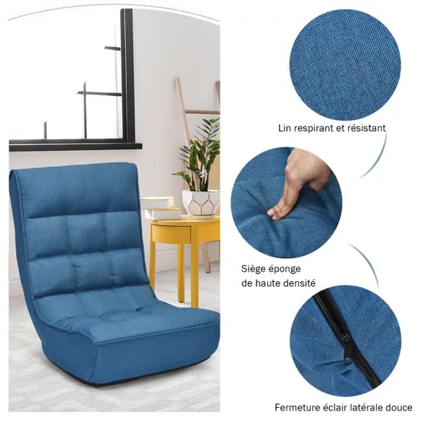 Fauteuil Inclinable Rembourré Dossier Inclinable à 4 Positions en Acier et Eponge à Haute Densité 61x66x79cm Bleu