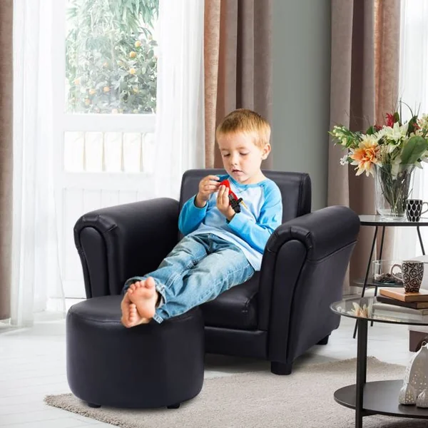 Fauteuil pour enfant avec accoudoirs et Pouf/tabouret rond, hauteur siège 18 cm, en PVC, 56 x 42 x 41 cm, Noir