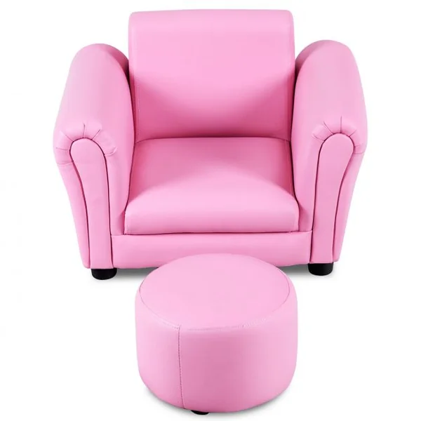 Fauteuil pour enfant avec accoudoirs et Pouf/tabouret rond, hauteur siège 18 cm, en PVC, 56 x 42 x 41 cm, Rose