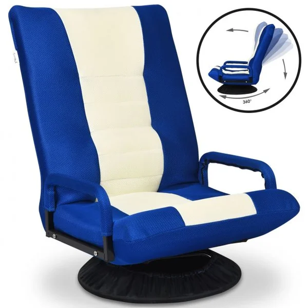 Fauteuil Relax Pivotant 360 Degrés Chaise Pliante Ajustable en 6 PositionsDossier Rembourré Confortable Bleu