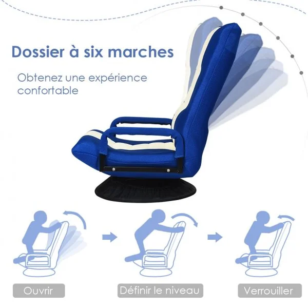 Fauteuil Relax Pivotant 360 Degrés Chaise Pliante Ajustable en 6 PositionsDossier Rembourré Confortable Bleu