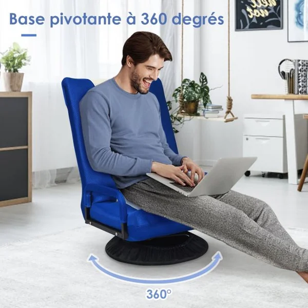 Fauteuil Relax Pivotant 360 Degrés Chaise Pliante Ajustable en 6 PositionsDossier Rembourré Confortable Bleu