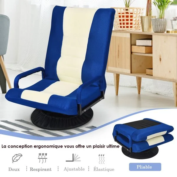 Fauteuil Relax Pivotant 360 Degrés Chaise Pliante Ajustable en 6 PositionsDossier Rembourré Confortable Bleu