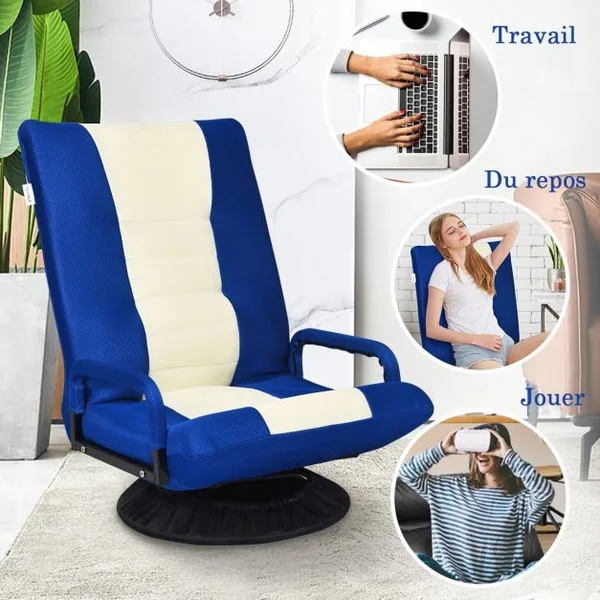Fauteuil Relax Pivotant 360 Degrés Chaise Pliante Ajustable en 6 PositionsDossier Rembourré Confortable Bleu