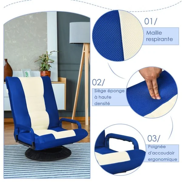 Fauteuil Relax Pivotant 360 Degrés Chaise Pliante Ajustable en 6 PositionsDossier Rembourré Confortable Bleu