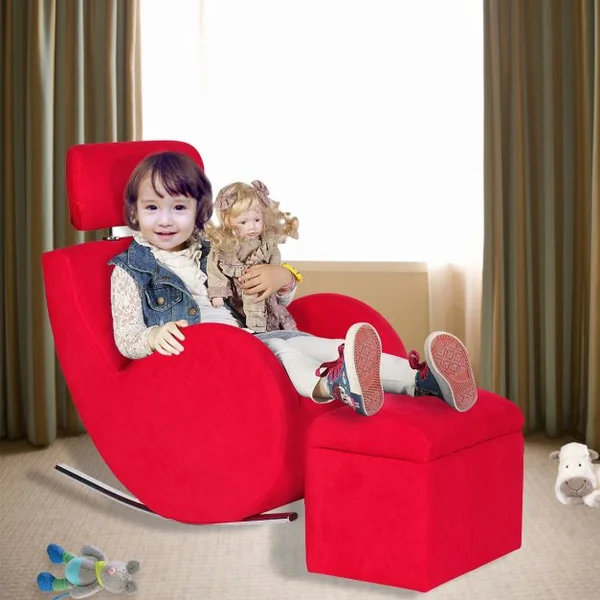 Fauteuil à bascule pour enfant avec accoudoirs et tabouret de rangement, 60 kg max, en bois, Rouge / gris / noir