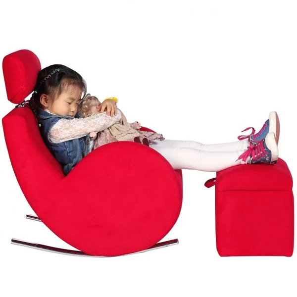 Fauteuil à bascule pour enfant avec accoudoirs et tabouret de rangement, 60 kg max, en bois, Rouge / gris / noir
