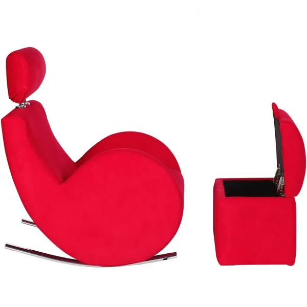 Fauteuil à bascule pour enfant avec accoudoirs et tabouret de rangement, 60 kg max, en bois, Rouge / gris / noir