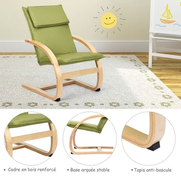 Fauteuil à Bascule pour Enfants Fabriquer en Bois de Bouleau Chaise avec Accoudoirs Solides Siège Rembourré