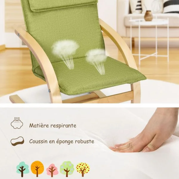 Fauteuil à Bascule pour Enfants Fabriquer en Bois de Bouleau Chaise avec Accoudoirs Solides Siège Rembourré