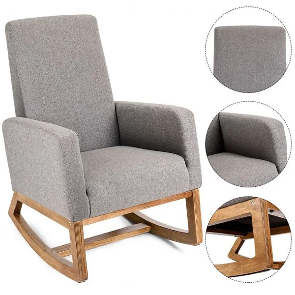 Fauteuil à Bascule Rembourée Confortable et Doux Structure en Bois Charge Max 115KG Gris foncé
