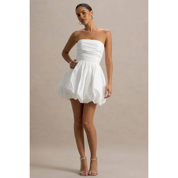 Faye | Mini-robe blanche bandeau à jupe boule avec détails froncés
