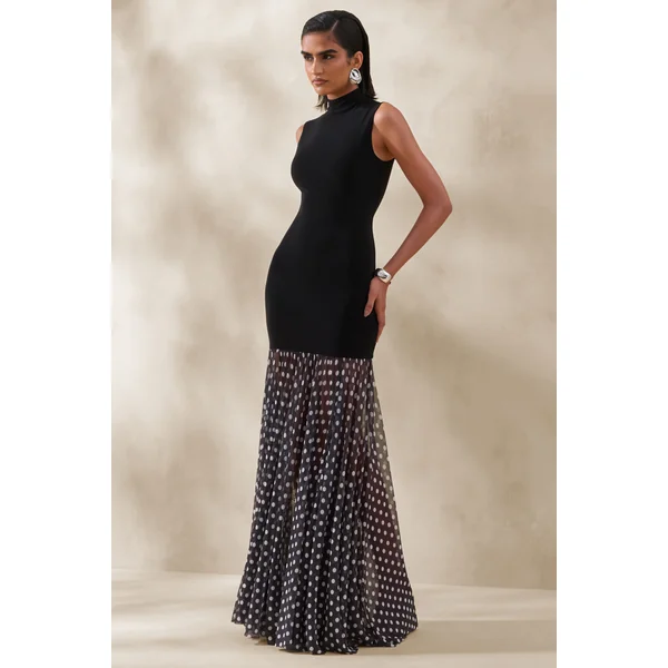 Felina | Robe longue noire à encolure haute avec jupe transparente
