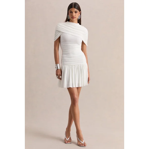 Fenella | Mini-robe blanche à col haut avec manches cape et détails froncés