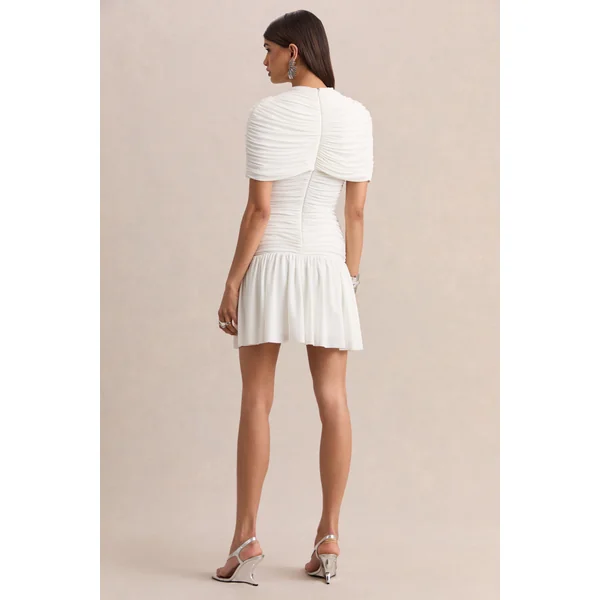 Fenella | Mini-robe blanche à col haut avec manches cape et détails froncés
