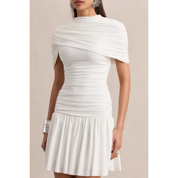 Fenella | Mini-robe blanche à col haut avec manches cape et détails froncés
